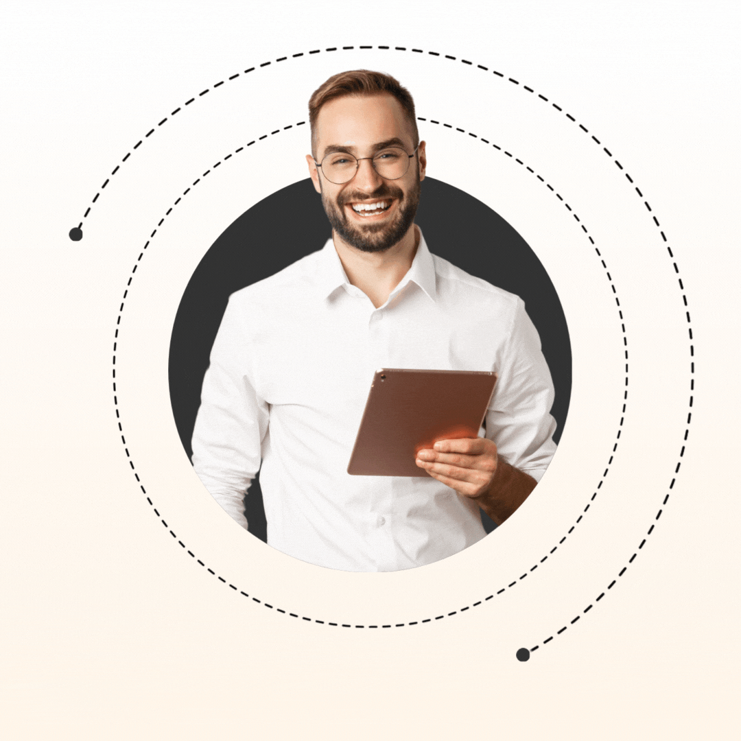 Professional with tablet and orbiting elements design